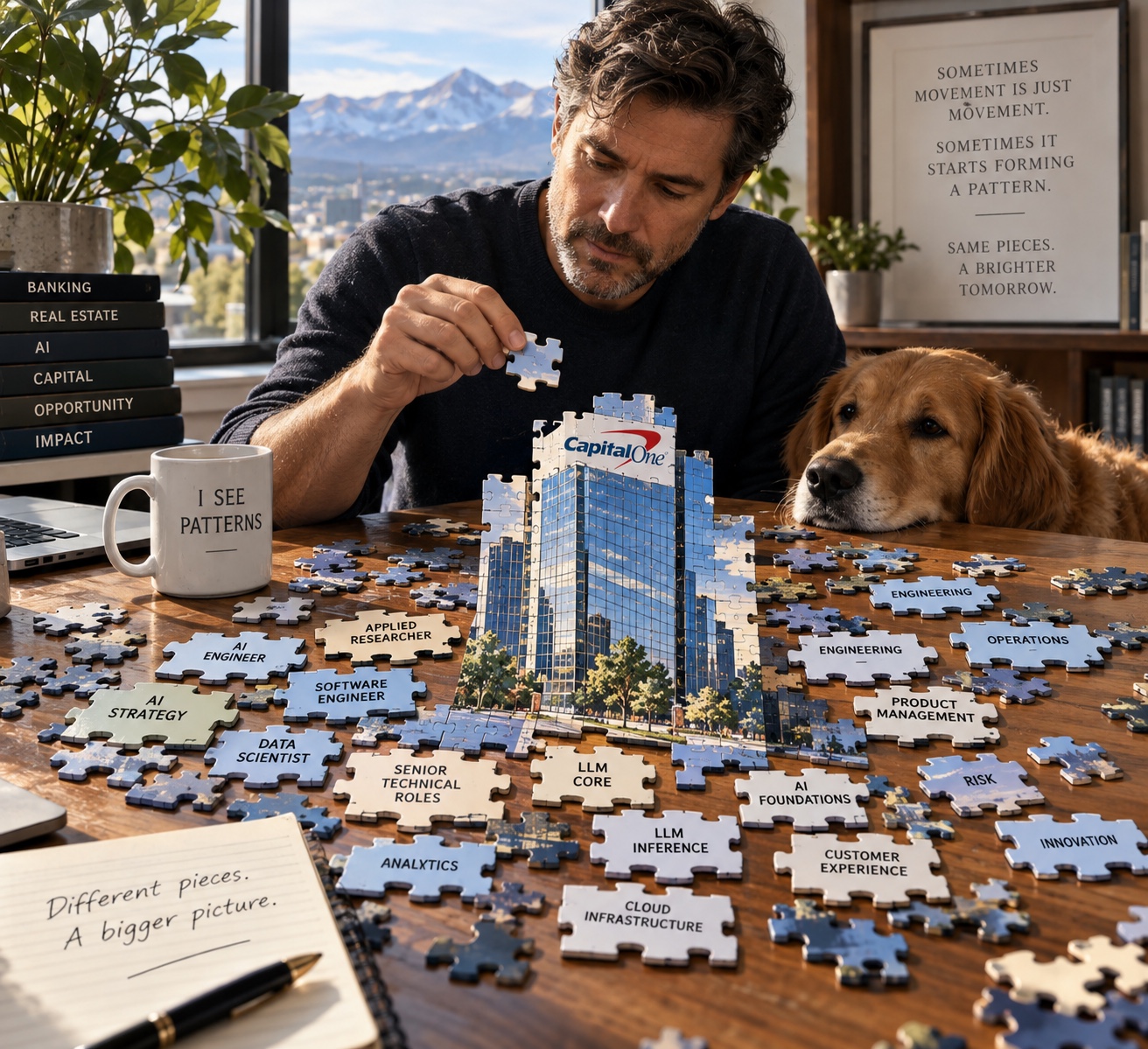 Man and golden retriever assembling a Capital One building puzzle