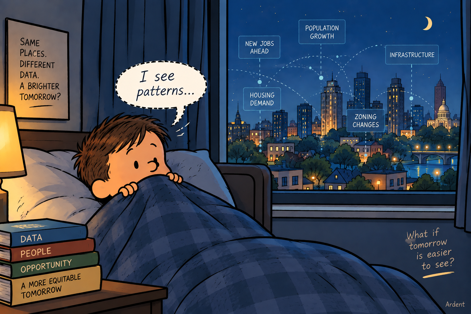 Illustrated boy in bed overlooking a data-connected city, saying I see patterns