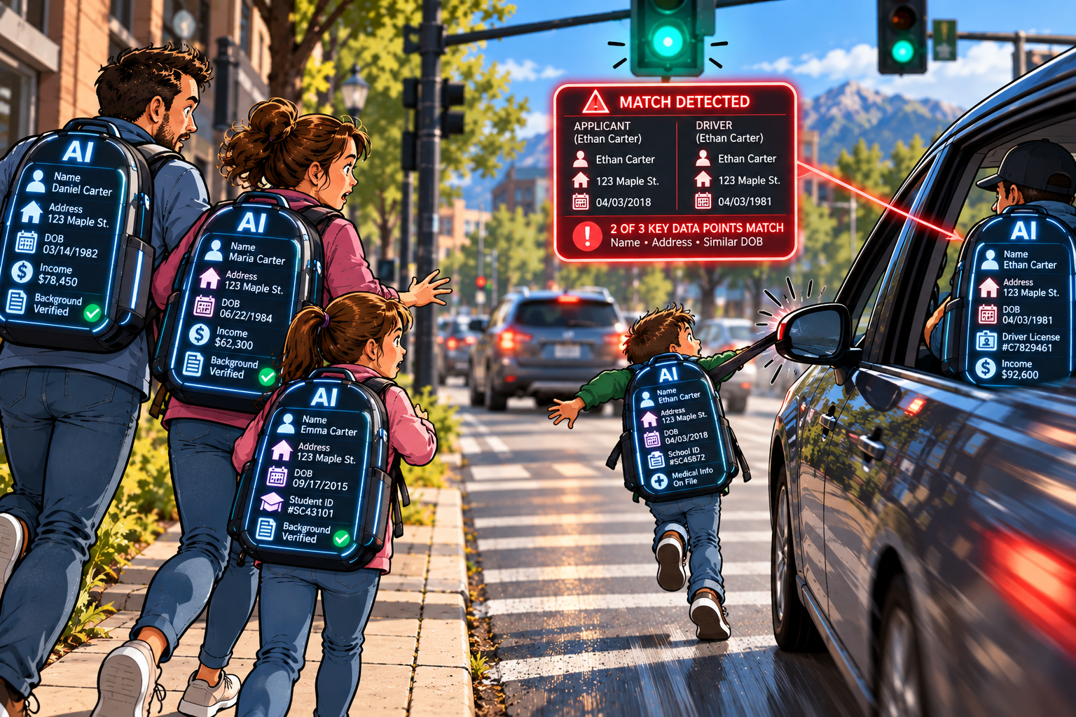 A family carrying digital AI backpacks crosses a street as an automated system reports a match detected.