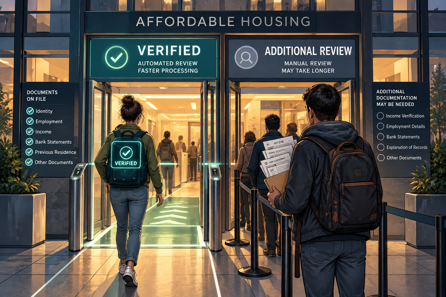 Two affordable housing application lanes, one verified and automated, the other requiring additional manual review.