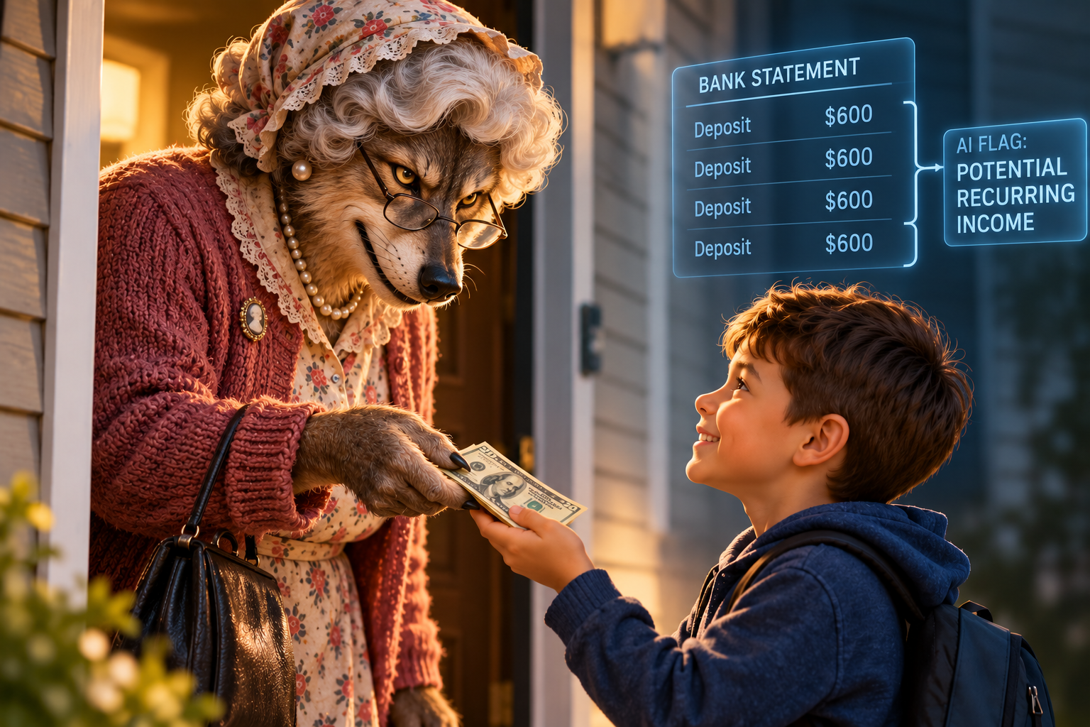 A wolf dressed as Grandma hands a child money while an AI system flags recurring $600 deposits as potential income.